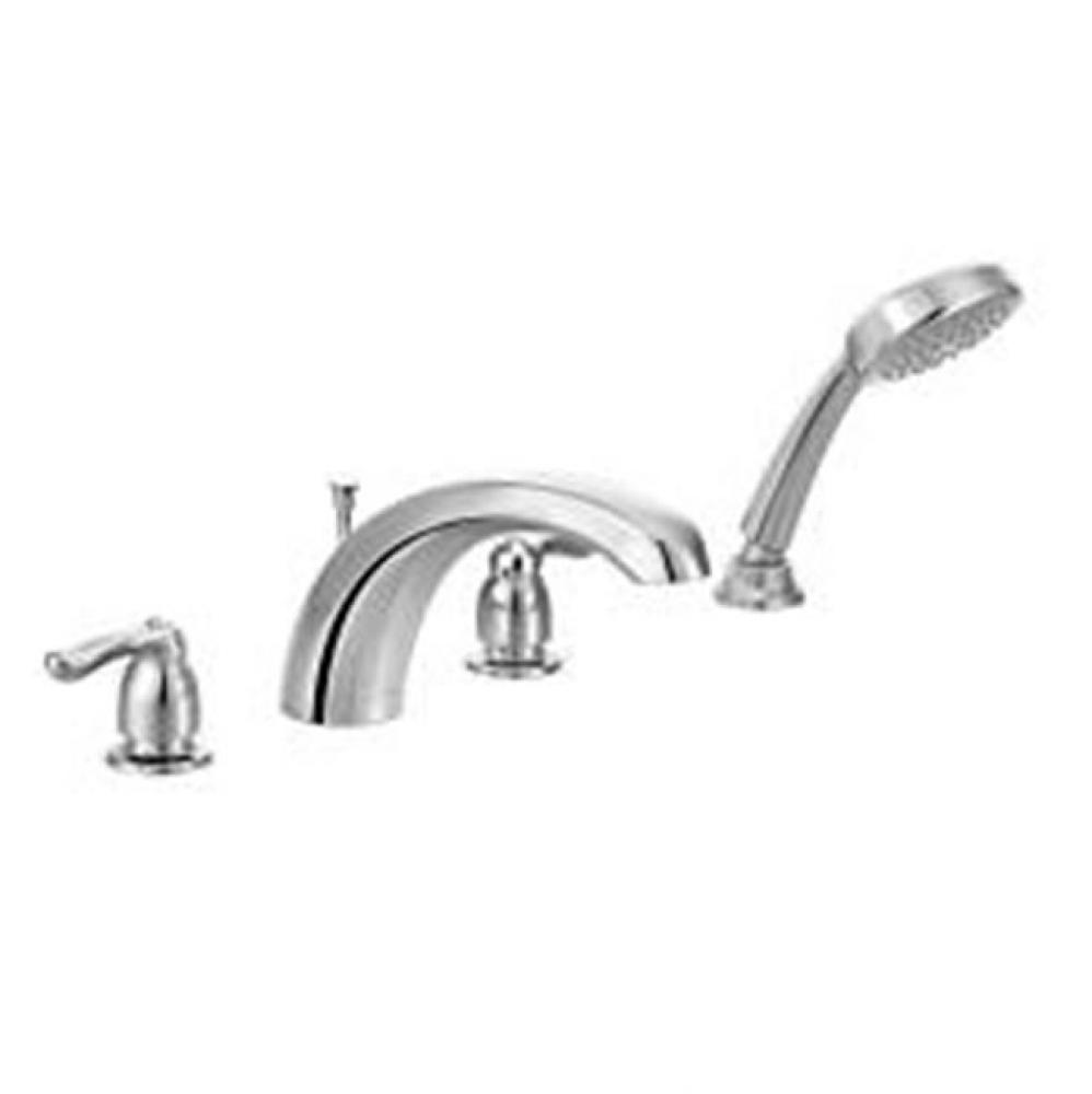 Chrome two-handle low arc roman tub faucet includes hand