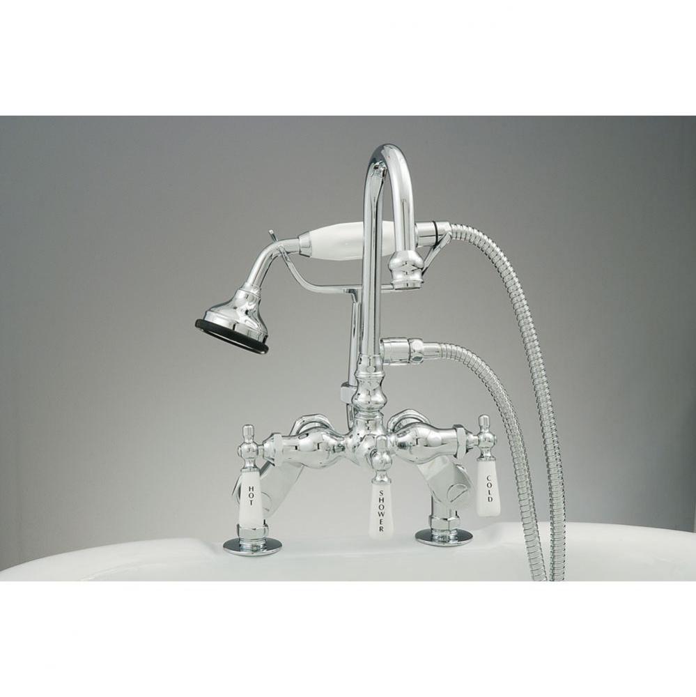 Chrome Deck Mount Gooseneck Faucet W/Handheld.  Adjustable Ctrs From 3 3/8apos;