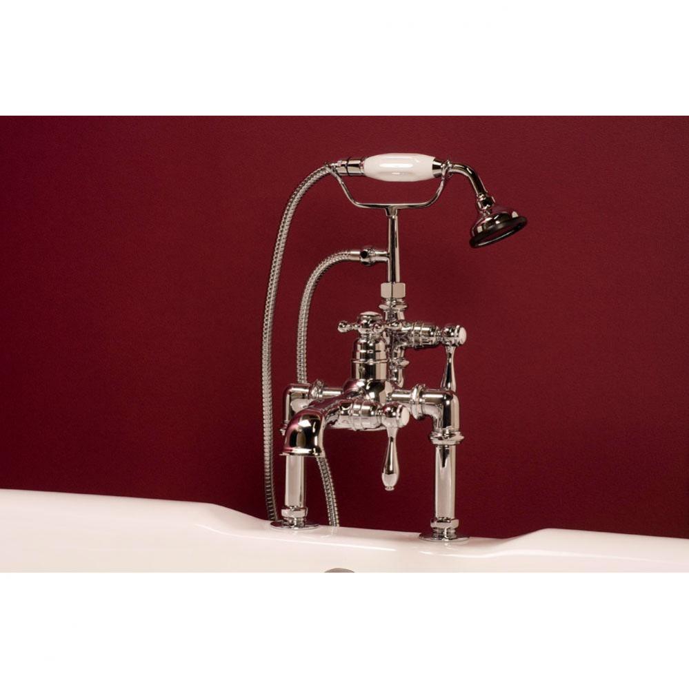 Chrome Thermostatic Deck Mount Faucet, 7'' Centers, Straight Spout, W/Handheld Sh