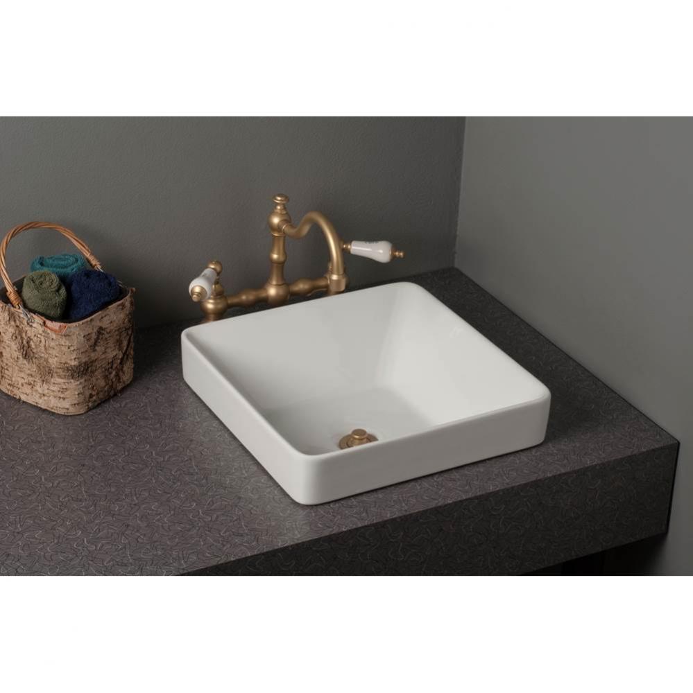 Fireclay Square Semi Drop-In Lavatory Sink, Gloss White, 16'' X 16'' X 3'