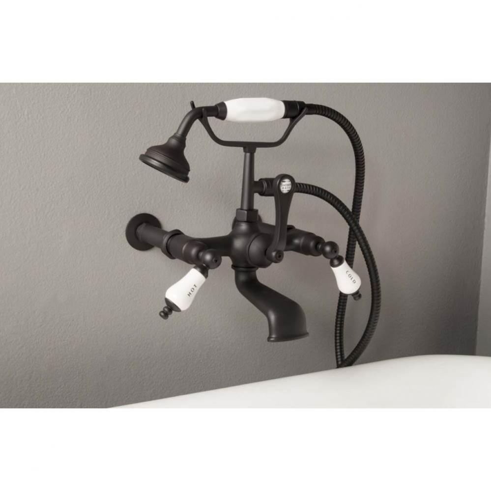 Wall Mount Faucet With Hand Held Shower &amp; Porcelain Lever Handles
