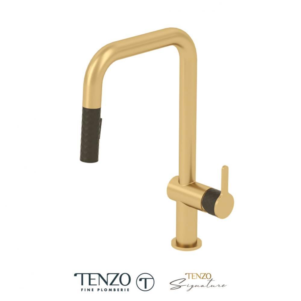 Single-handle kitchen faucet Calozy with pull-down & 2-Function hand shower brushed gold / mat