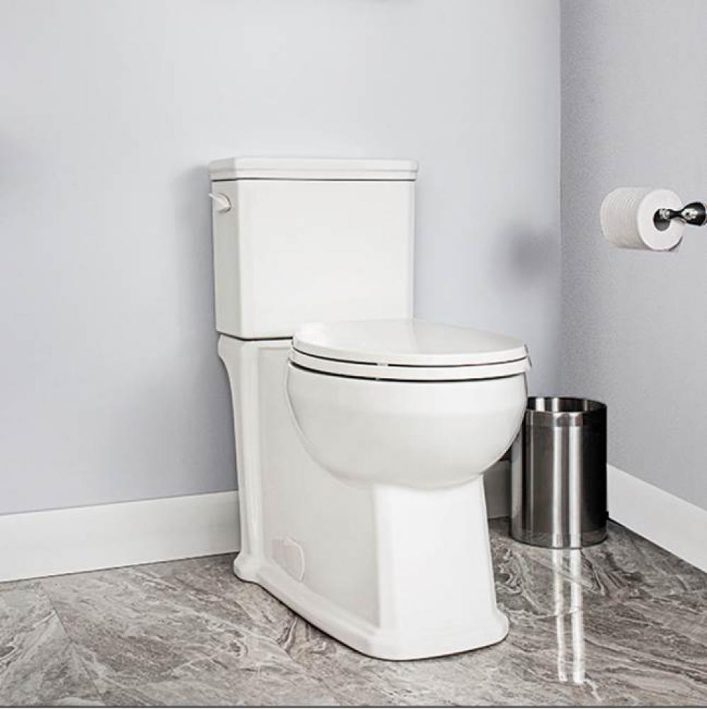 Elongated toilet with concealed siphon, raised height with soft closing seat included, tank not