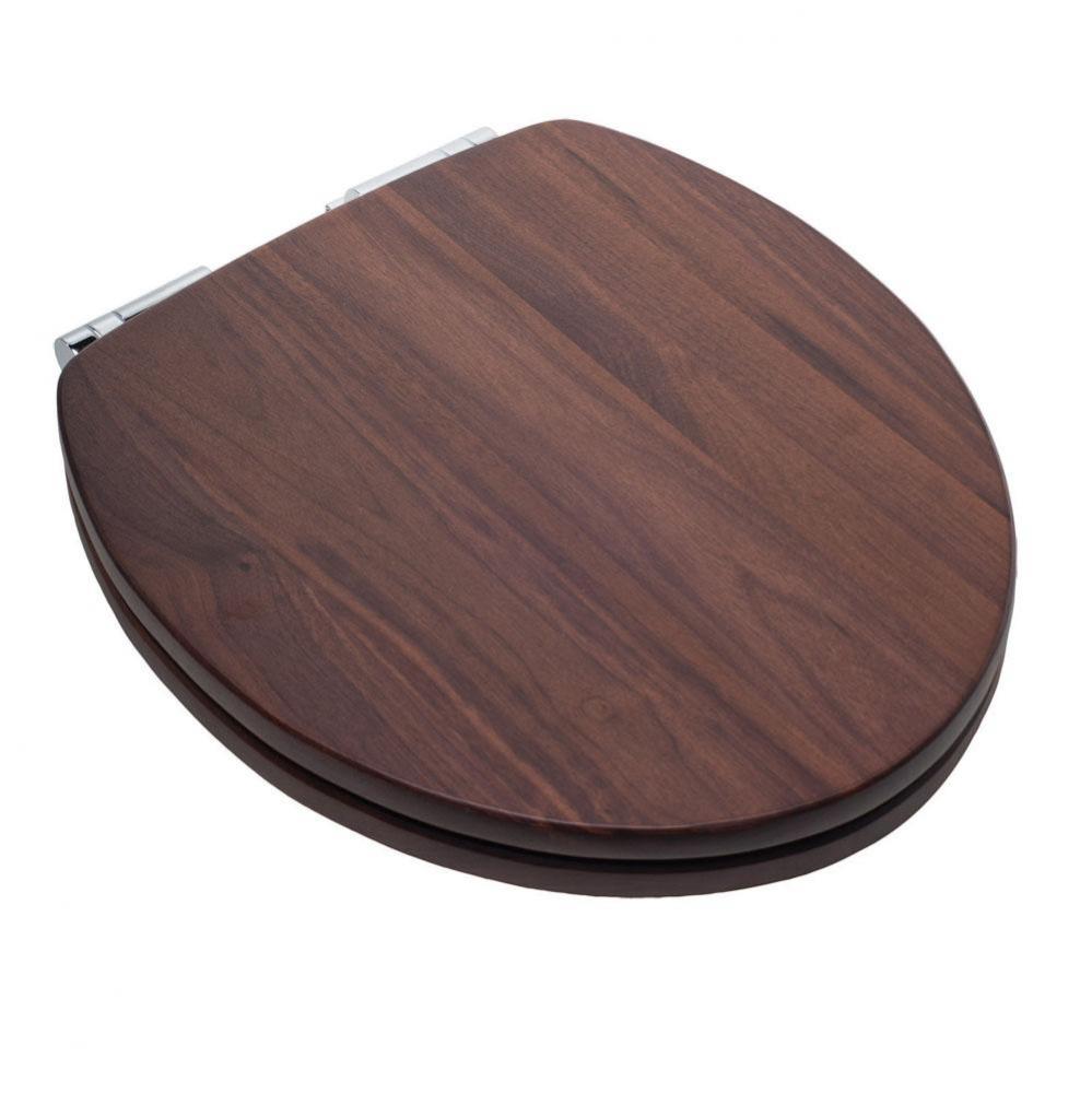 Designer Slow-Close Wood Seat, Natural Black Walnut, Chrome Hinge, Round Closed Front with Cover