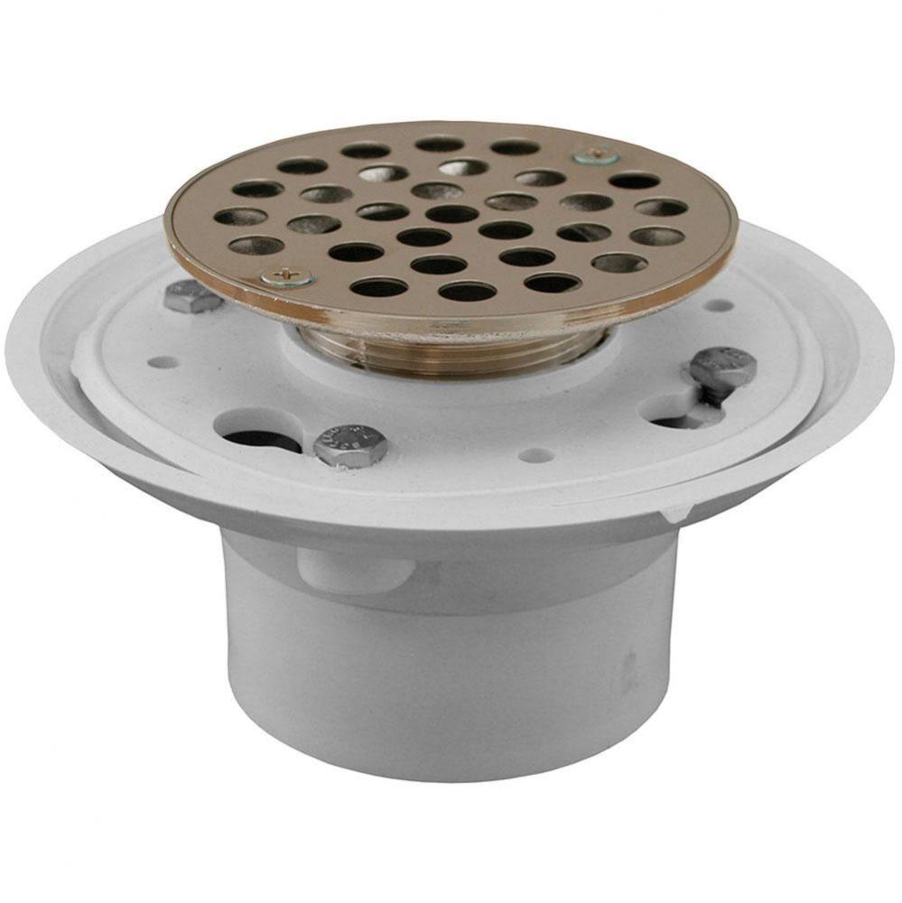 2'' PVC No Caulk Shower Drain with Brass Tailpiece and 4-1/4'' Stainless Steel