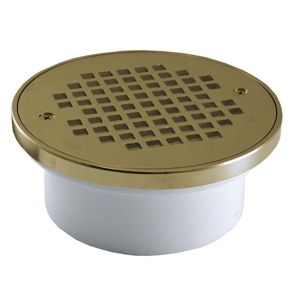 4'' General Purpose PVC Drain with 6'' Polished Brass Round Strainer with Ring