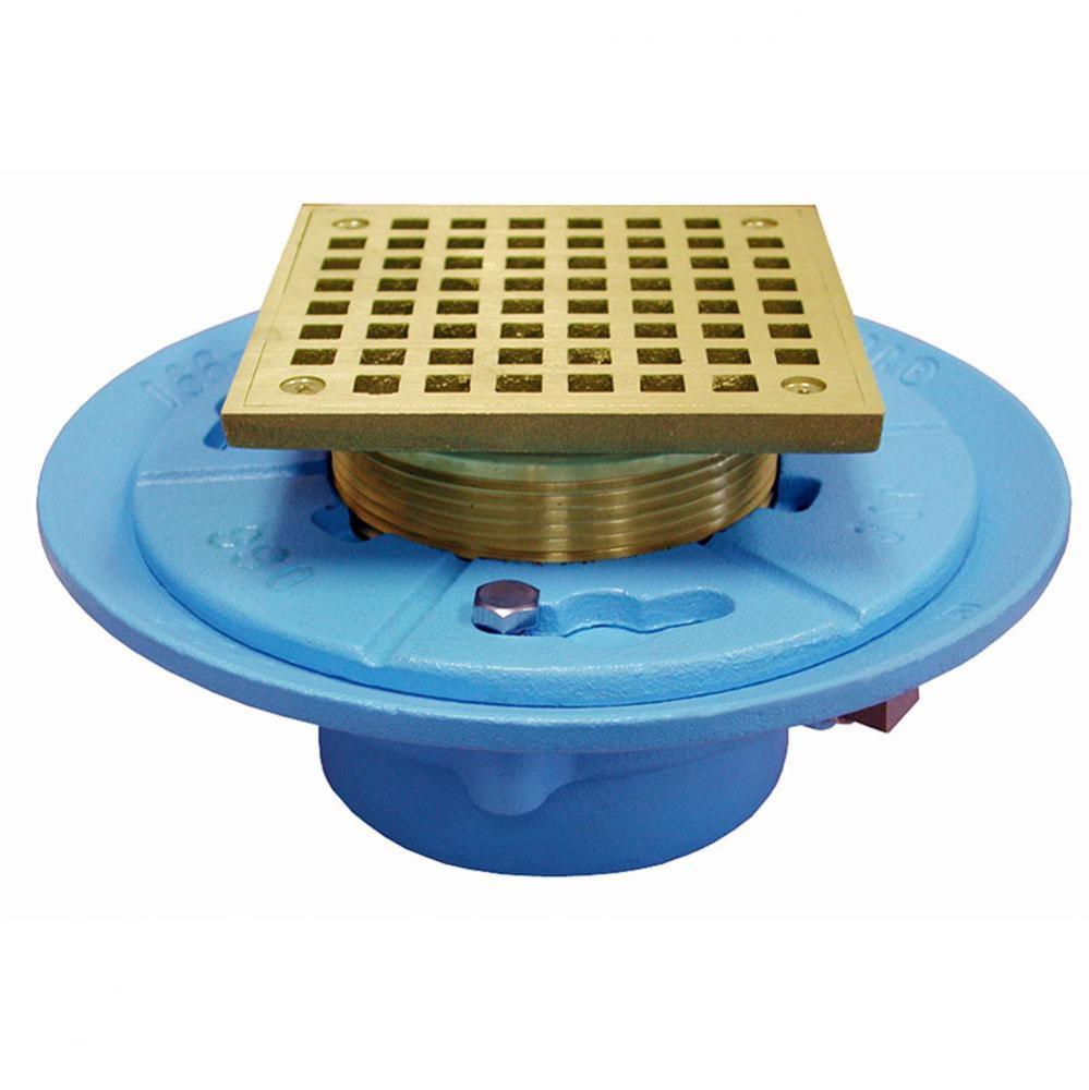 2'' No Hub Code Blue Floor Drain with 7'' Pan and 5'' Polished Brass