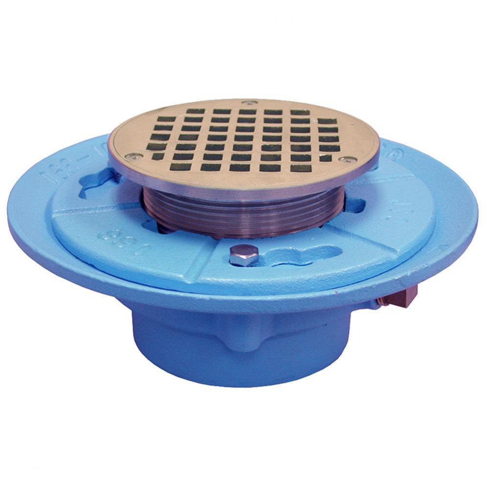 2'' No No Hub Code Blue Floor Drain with 9'' Pan and 6'' Nickel Bron