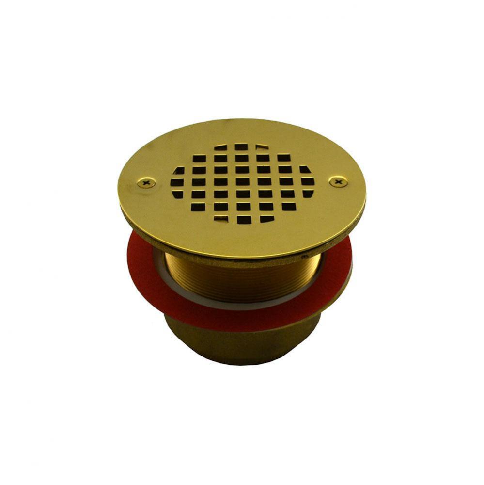 2'' Sweat Bronze Shower Drain with Long Pattern Spud and Polished Brass Strainer