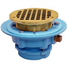 Jones Stephens D66684 - 3'' No Hub Code Blue Floor Drain with 9'' Pan and 4'' Polished Brass